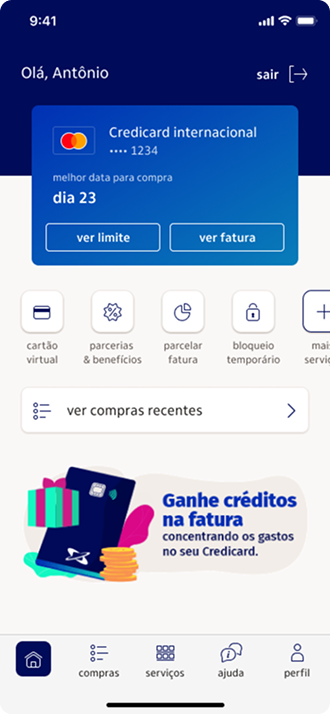 App home with Credicard card and invoice credit banner