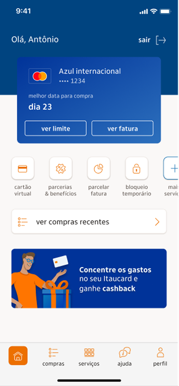 Credicard app home screen with a cashback banner