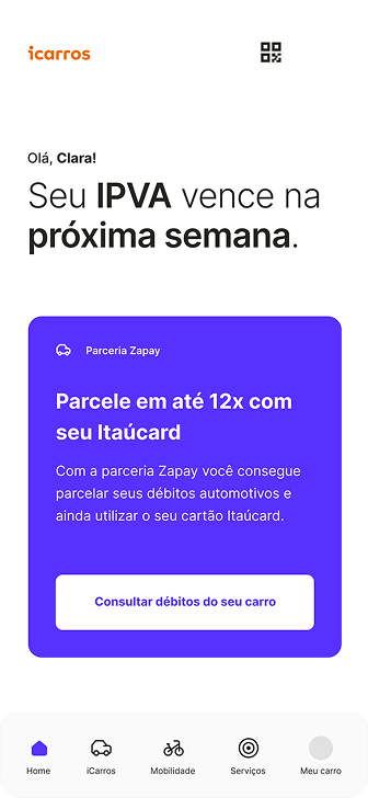 Itaú app screen warning about vehicle tax due date with an installment offer