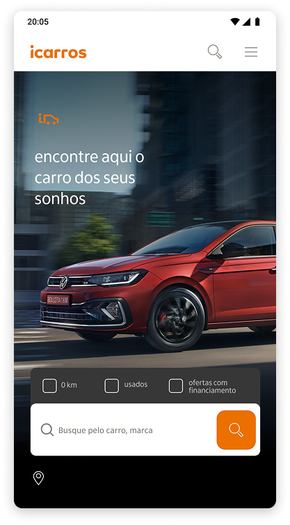 iCarros app home screen with vehicle search